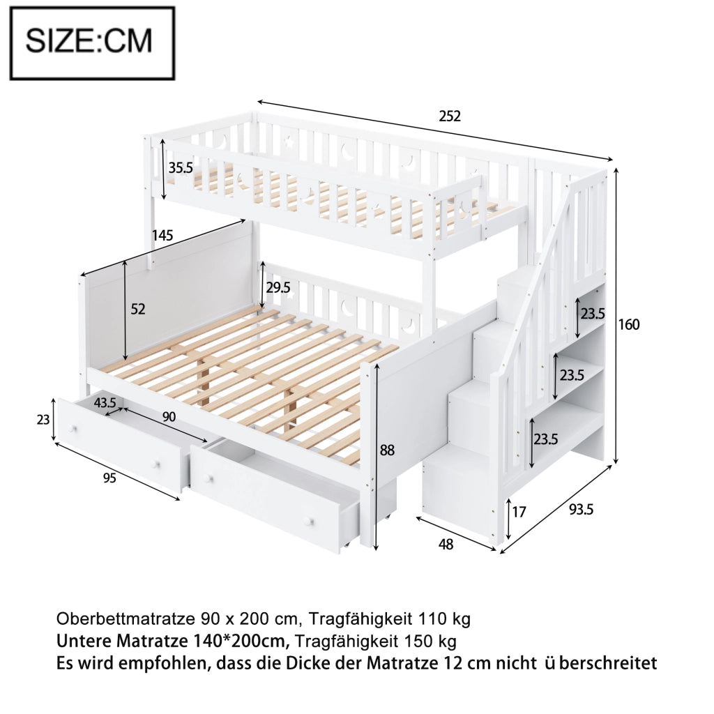 LETTO A CASTELLO PER BAMBINI 90x200/140x200 cm BIANCO IN LEGNO MASSICCIO