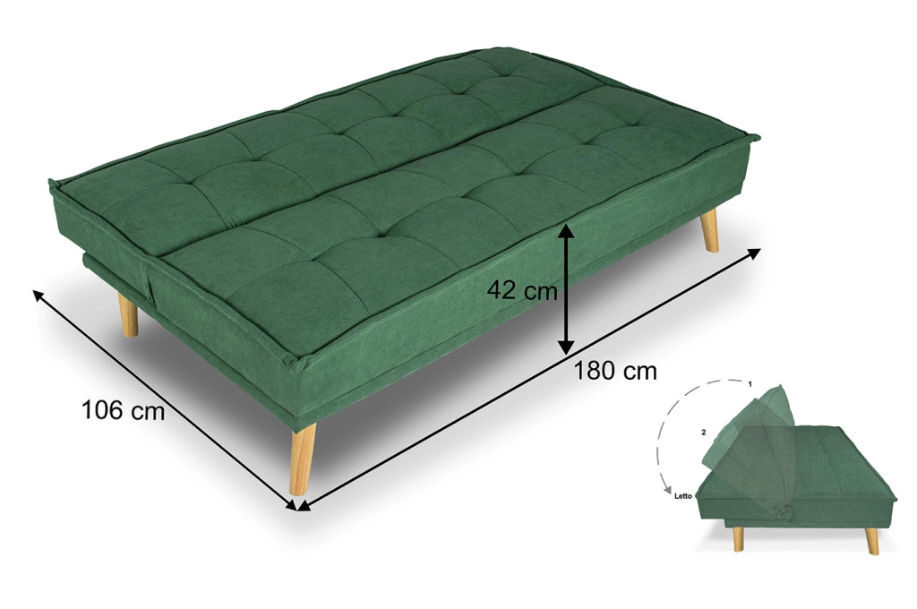 Divano letto clic clac in tessuto vellutato verde abete, divano 3 posti - Bart - DL-BA38FBC