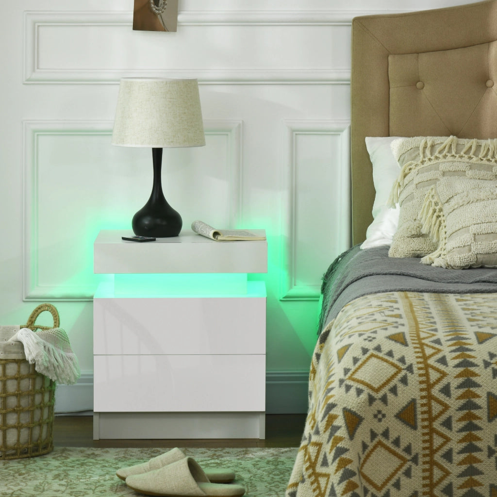Comodino con Luci LED e 2 Cassetti ¨C Zephmum ¨C Bianco, Multistrato, 45x35x52 cm