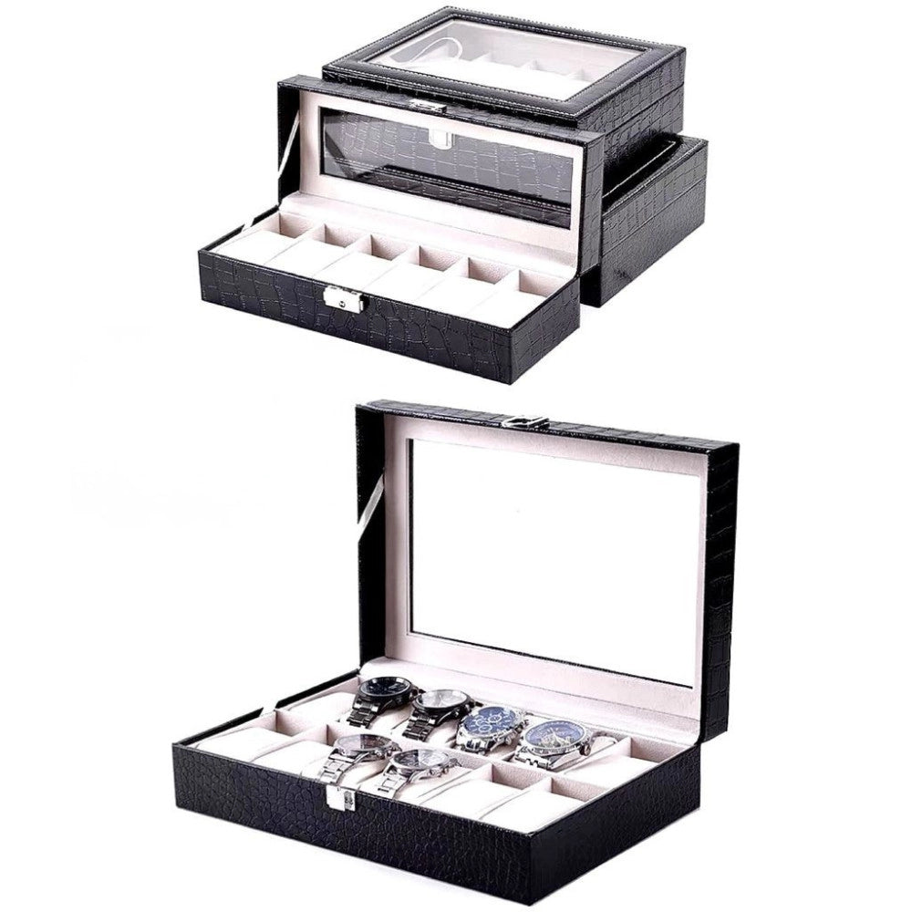 Trade Shop - Scatola Porta Orologi 12 Posti Con Vetro Custodia Grande Effetto Pelle Elegante -