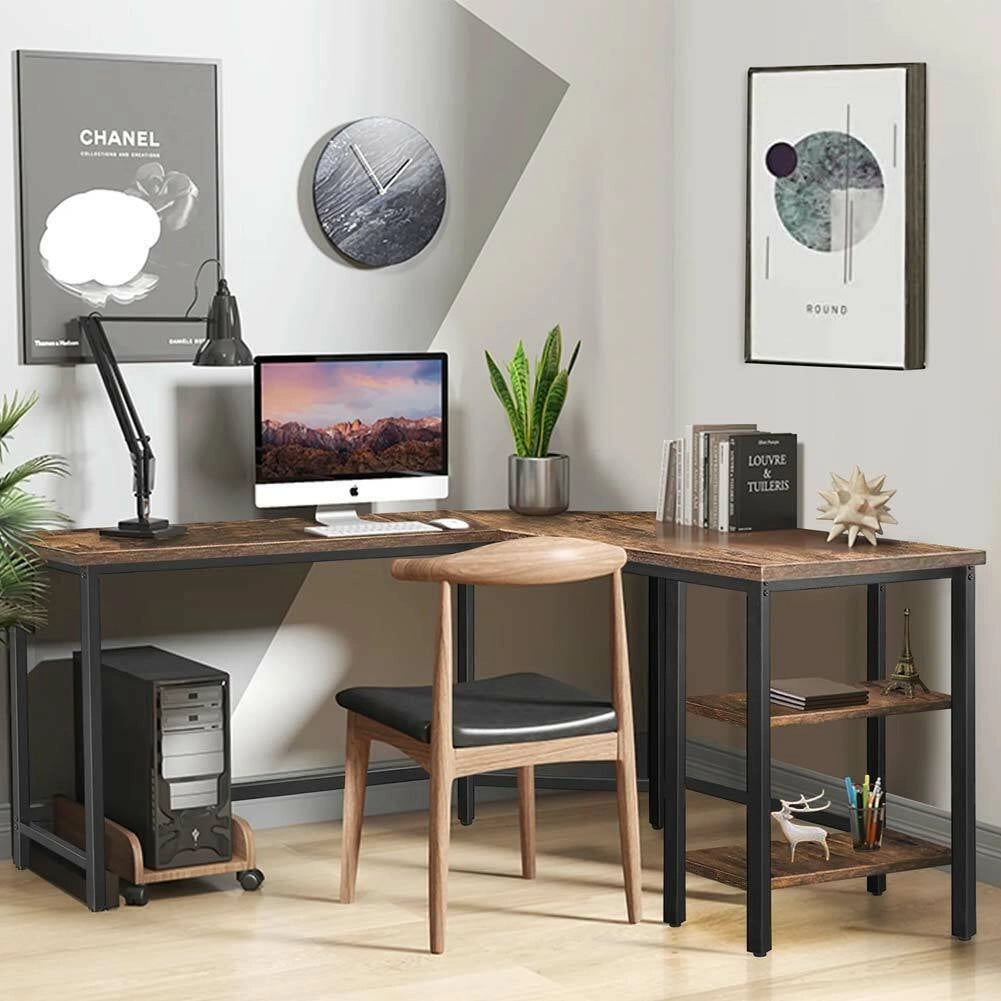 Scrivania Angolare Libreria Tavolo Porta PC Computer Metallo Legno Industriale