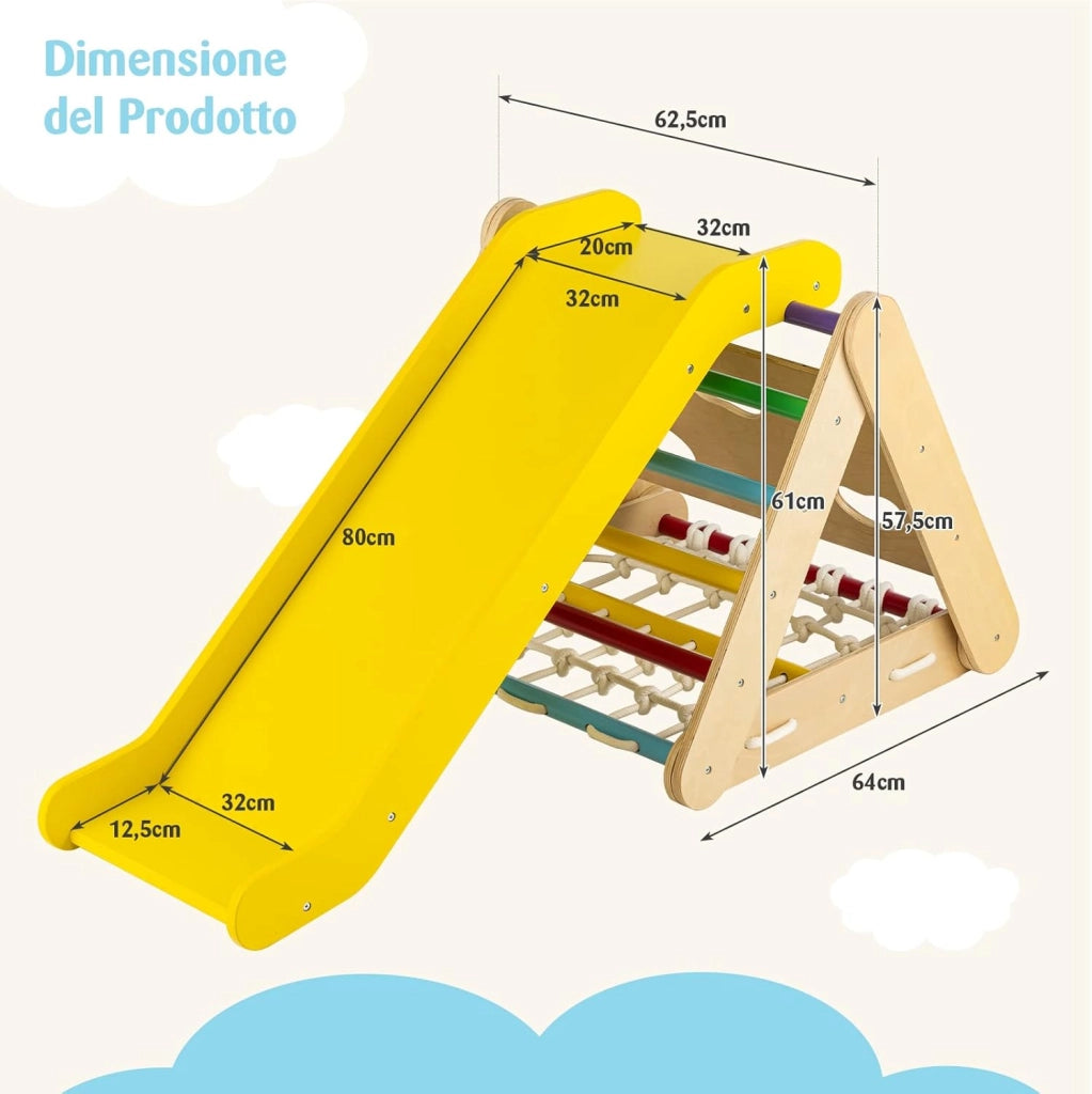 Set 4 in1 Arrampicata per Bambini, Arrampicata a Triangolo con Scivolo, Set di Arrampicata in Legno per Interni e Esterni con Rete di Arrampicata, Carico 50kg, 1 Anni+ (Colorato)