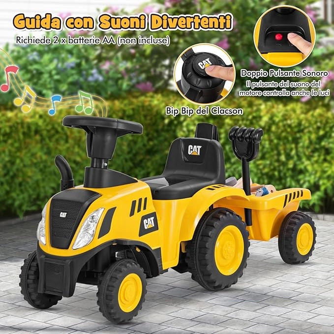 Trattore Cavalcabile per Bambini, Trattore Scorrevole con Rimorchio Staccabile Pala e Rastrello, 6 Ruote Suono e Luci, Ideale per Bambini 1,5-3 Anni
