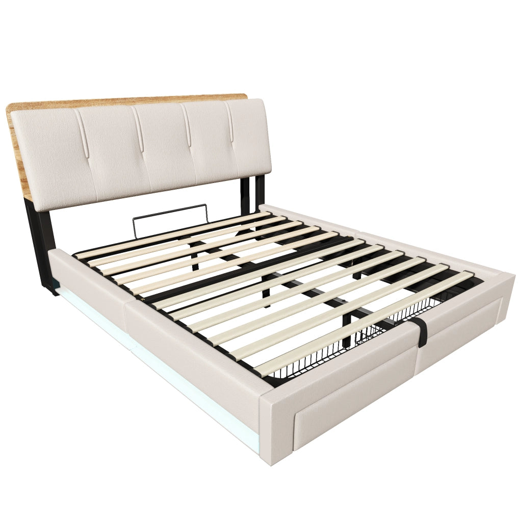 Letto matrimoniale imbottito 140x200 cm con contenitore idraulico; LED; USB e Type-C; beige in lino