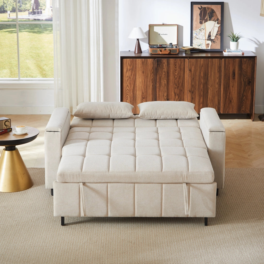 Divano letto convertibile 2 posti con vano nei braccioli e tasche laterali, struttura in metallo, ciniglia beige