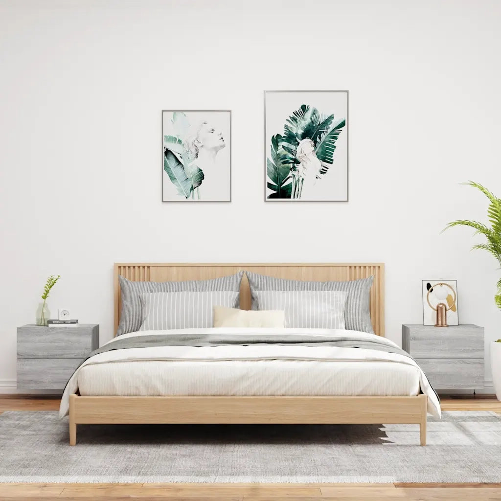Set di 2 Comodini | Armadio da Notte | Mobiletto da notte a Parete con luci LED Grigio Sonoma