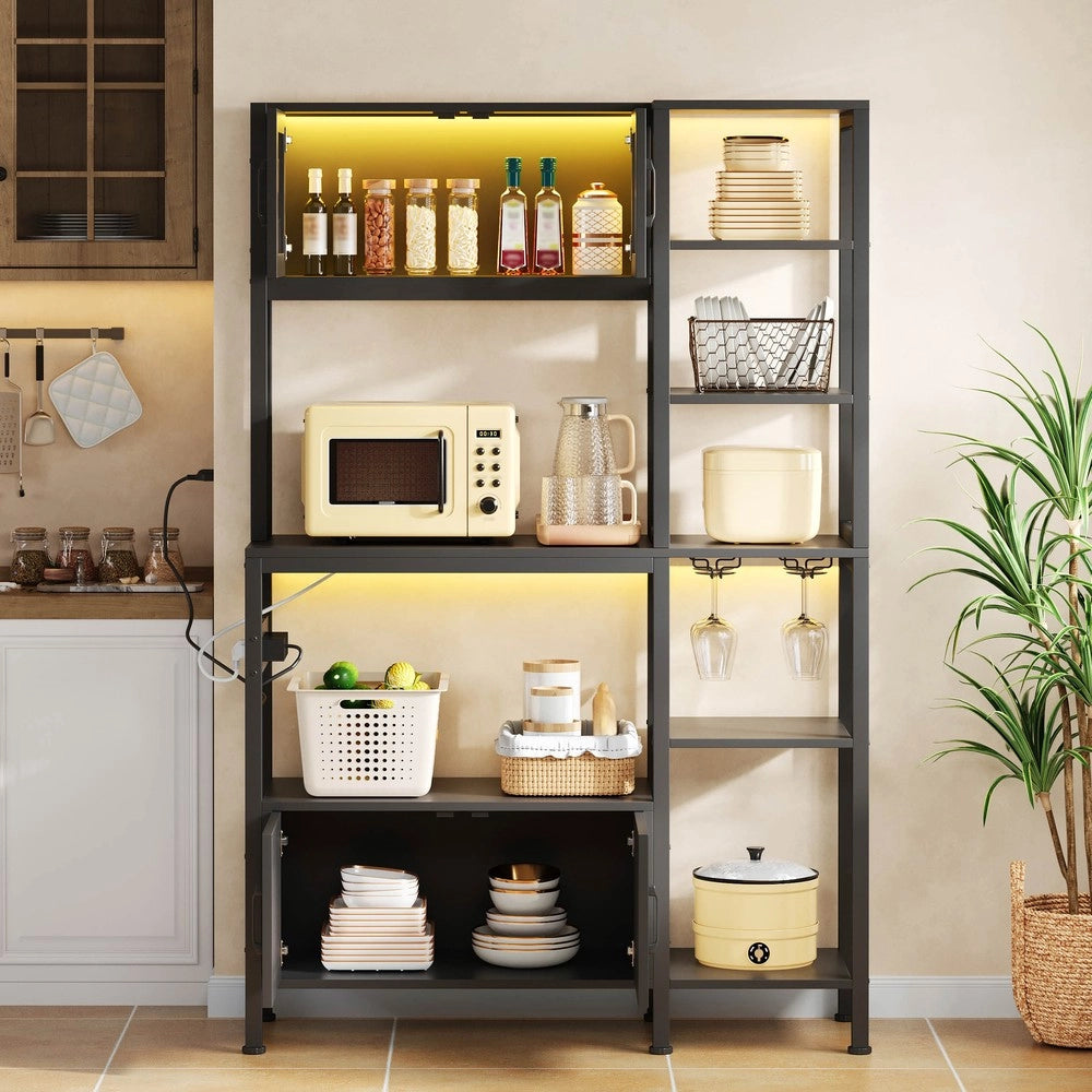 Libreria da Cucina con Presa e LED ¨C MINIMAL ¨C Scaffale Vino e Microonde, Legno, 180x115 cm