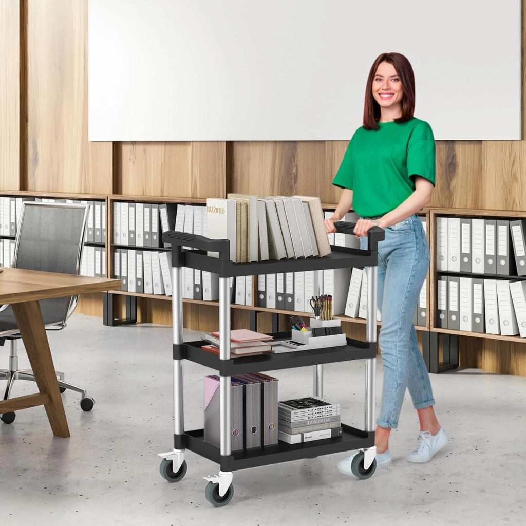 Carrello Rotolante in Metallo a 3 Livelli, Carrello per Strumenti Robusto con Ruote Universali Bloccabili, 2 Maniglie, Capacità 150 KG, Multifunzionale per Garage, Cucina, Magazzino