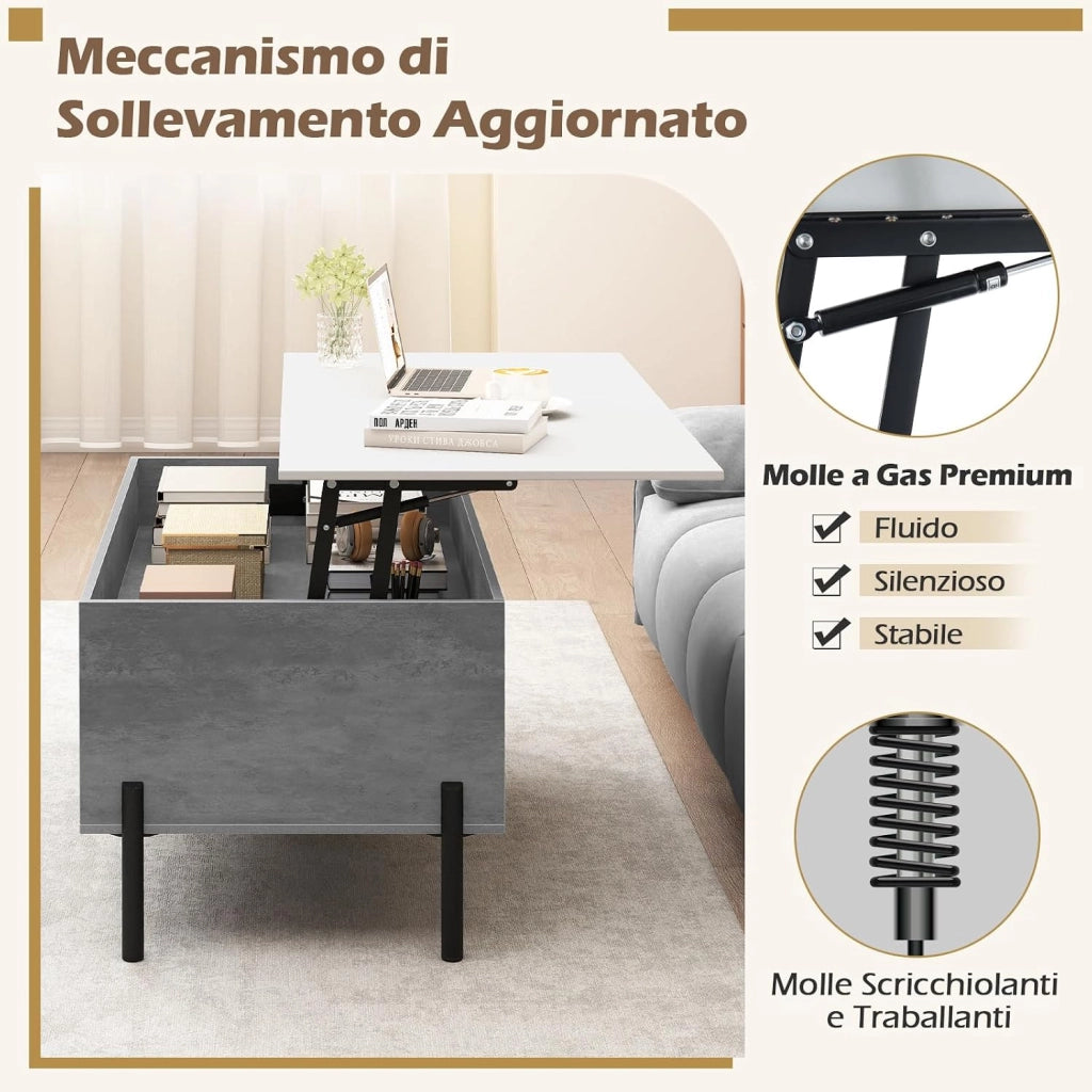 Tavolino da Caffè Sollevabile, Tavolo da Salotto con Piano Sollevabile, Ampio Comparto Nascosto, 3 Scomparti Aperti e Gambe in Metallo, Ideale per Salotto e Ufficio (Grigio)