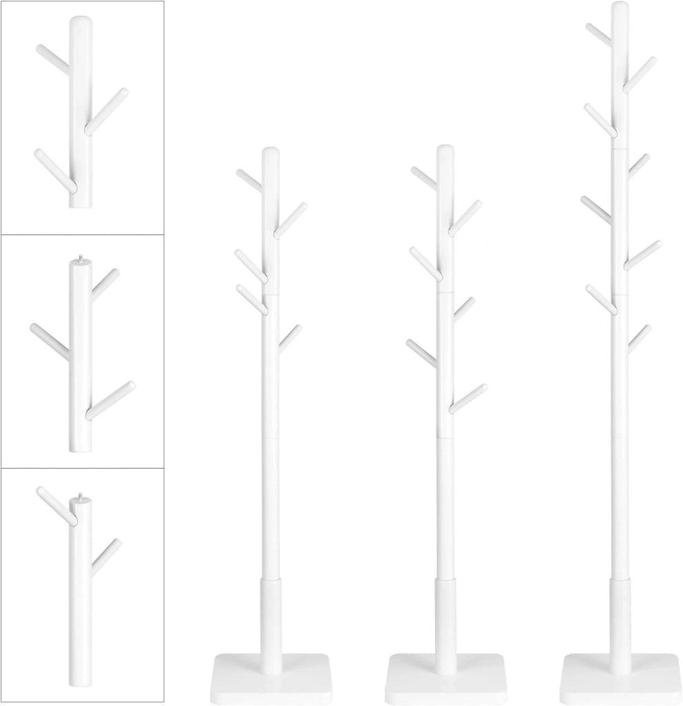 VASAGLE Attaccapanni, Set da 2, Appendiabiti da Terra in Legno, 8 Ganci, per Cappotti Cappelli Borse, per Ingresso, Ganci e Palo in Legno di Gomma, Bianco Nuvola RCR210W02