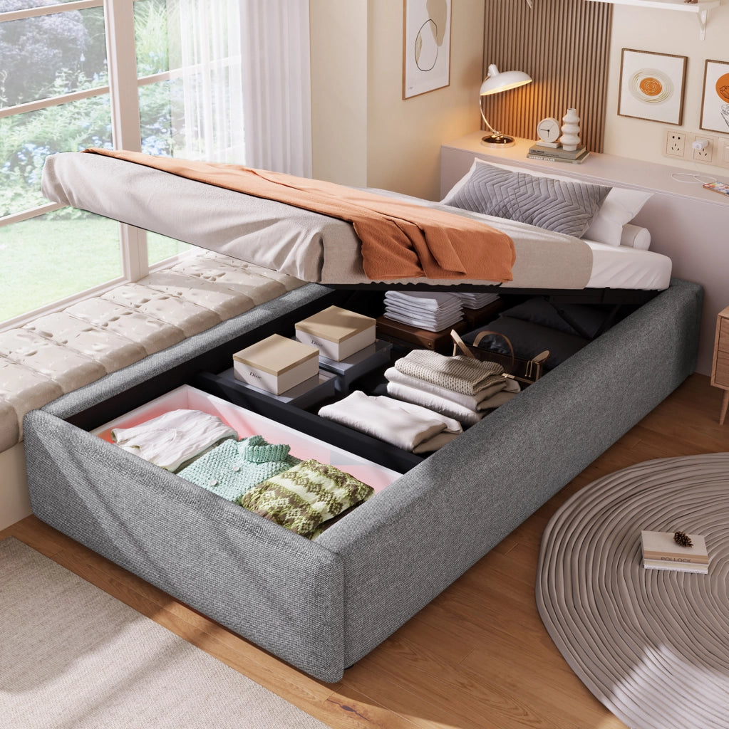 Letto imbottito 90x200 cm con contenitore e cassetto, grigio