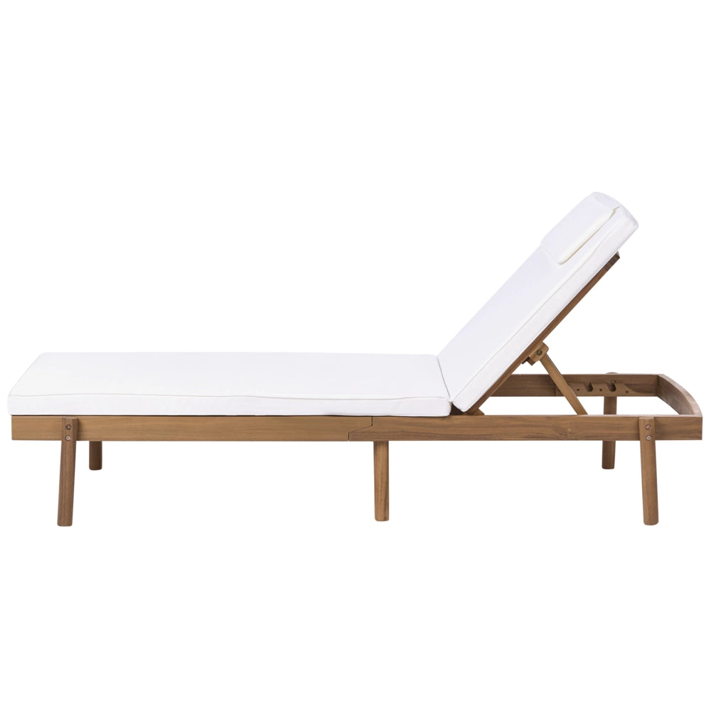 Sdraio marrone chiaro in legno di acacia certificato con cuscino bianco, seduta pieghevole, per giardino, patio e balcone