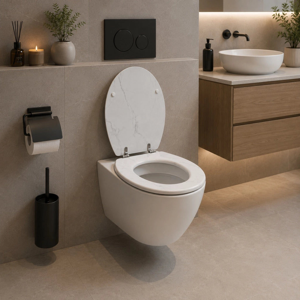 Sedile Copriwater Universale MDF Bianco Effetto Marmo Con Cerniere 94107