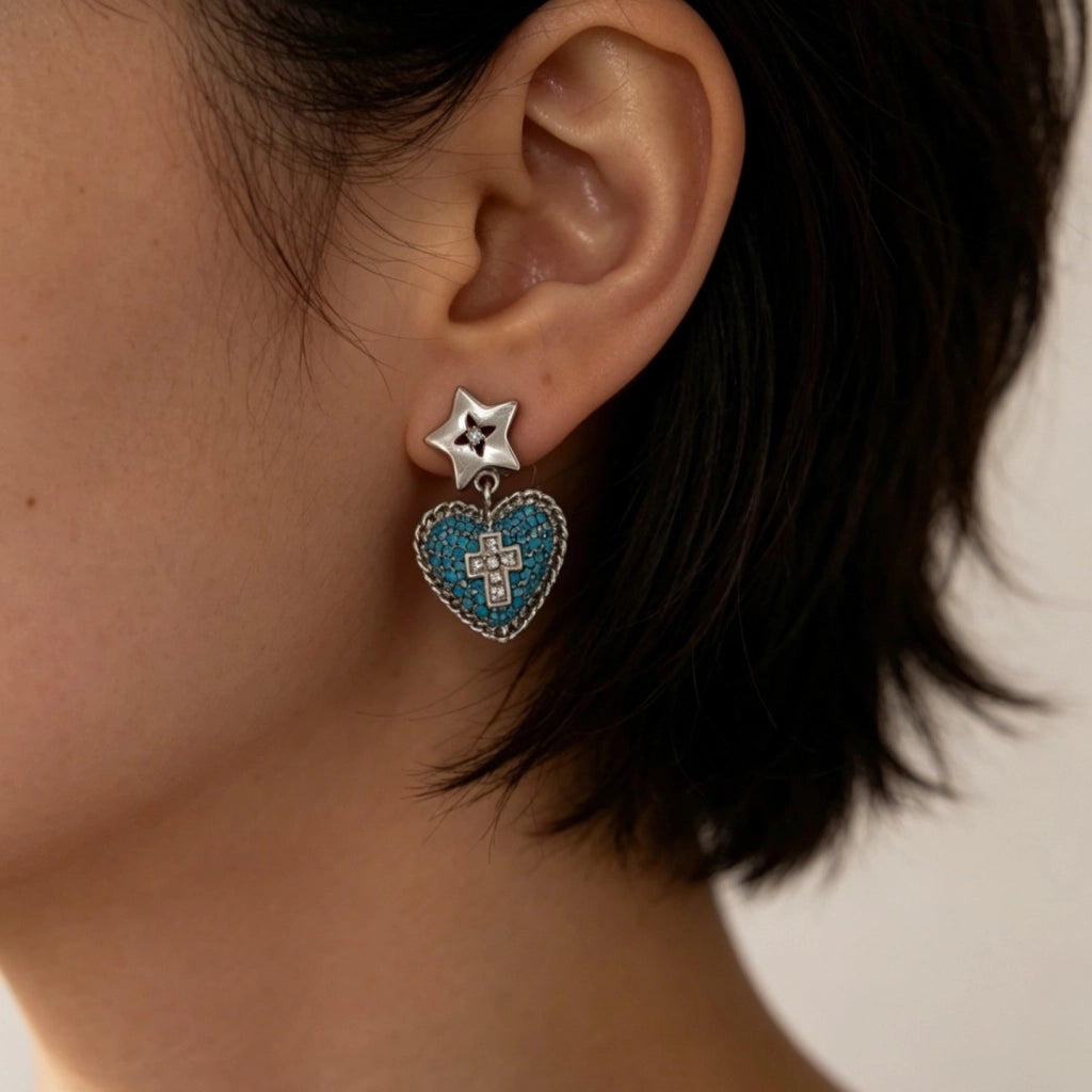 Orecchini a forma di cuore con stella a cinque punte in turchese blu, design squisito e unico, orecchini a croce con zirconi, orecchini a forma di stella e di cuore.