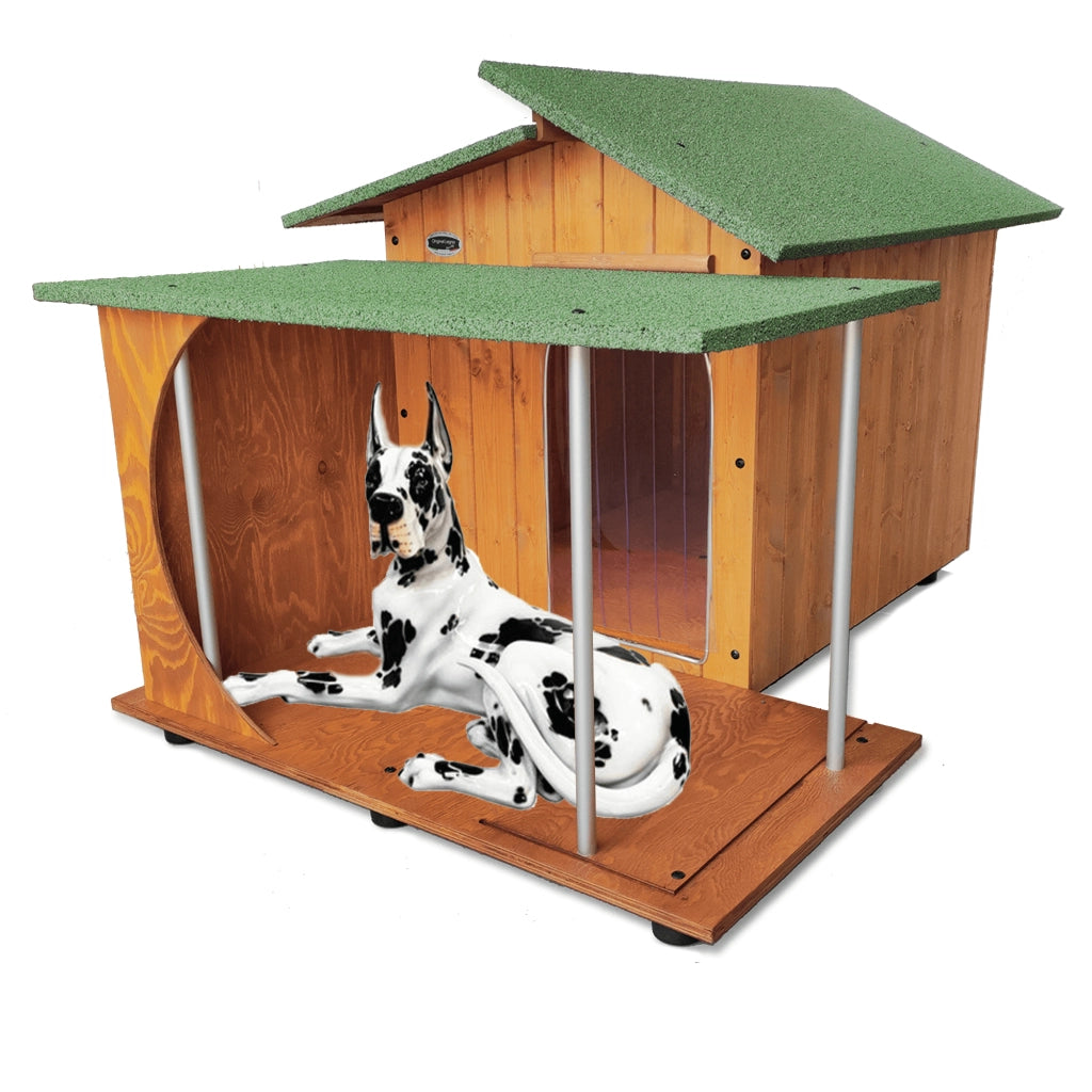 CUCCIA IN LEGNO PER CANI DA ESTERNO MODELLO ALPI CON VERANDA E-ALANO CON "TENDINA OMAGGIO" L.121 x P.170 x H.108