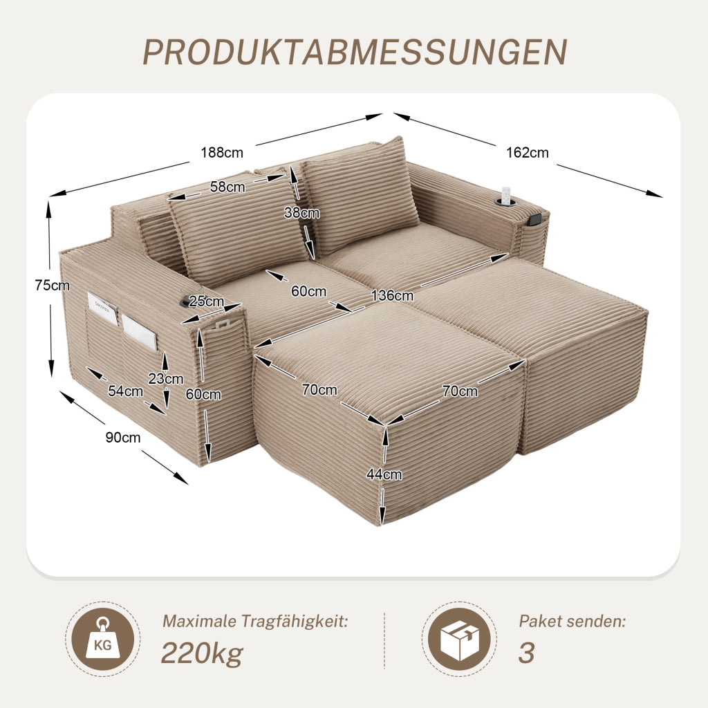 Divano modulare 2 posti in tessuto a coste con portabicchieri e tasche laterali comode khaki 188 × 162 × 75 cm