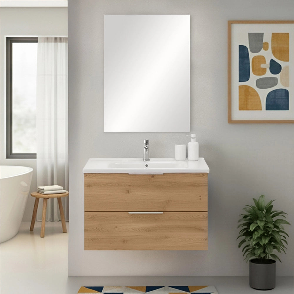Mobile bagno sospeso 80cm rovere con cassetti lavabo e specchio Elva
