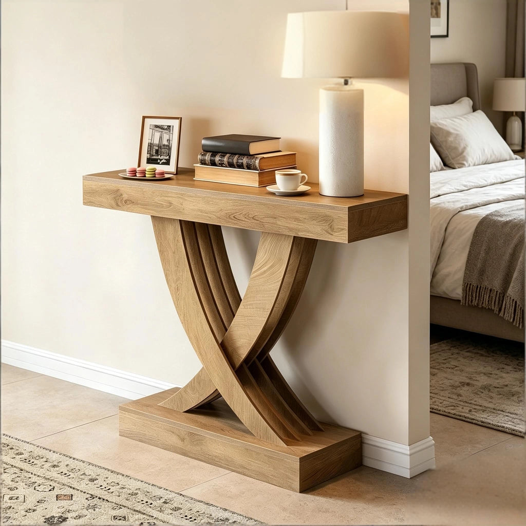 Consolle in MDF con struttura a X e piano robusto, stile rustico, per ingresso, soggiorno e corridoio, marrone, 110 cm