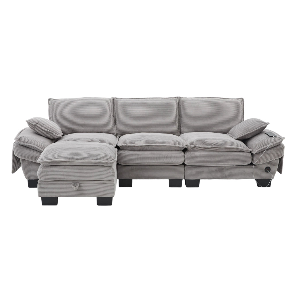 Divano 3 Posti con Poggiapiedi in Tessuto ¨C MINIMAL ¨C Grigio Chiaro