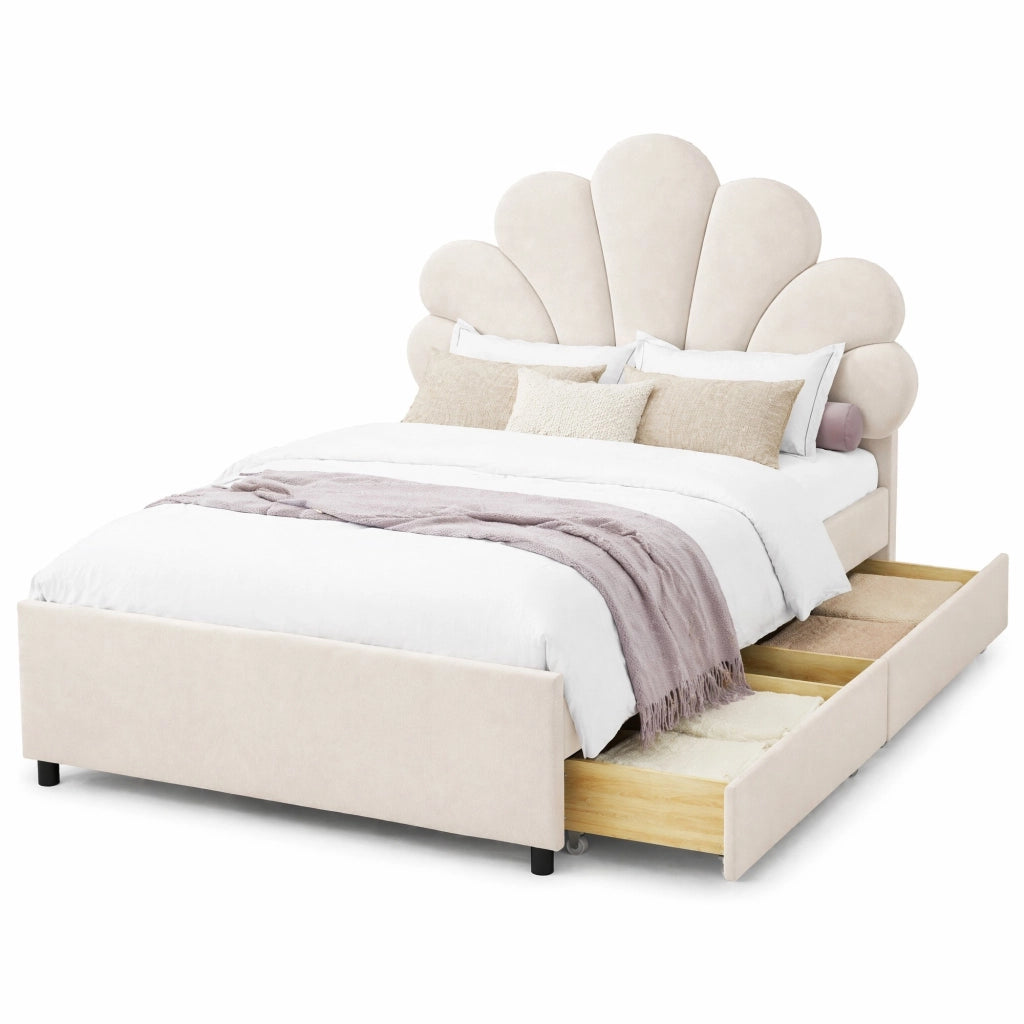 Letto imbottito per bambini 90 x 200 cm in velluto beige con 2 cassetti e testiera decorativa