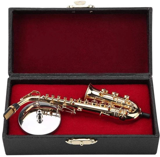 Altsaxofono Miniaturo in Oro con Stand - Scatola in Legno - Decorazione - Dimensioni 8x4x13,5 cm - Modello di Saxofono
