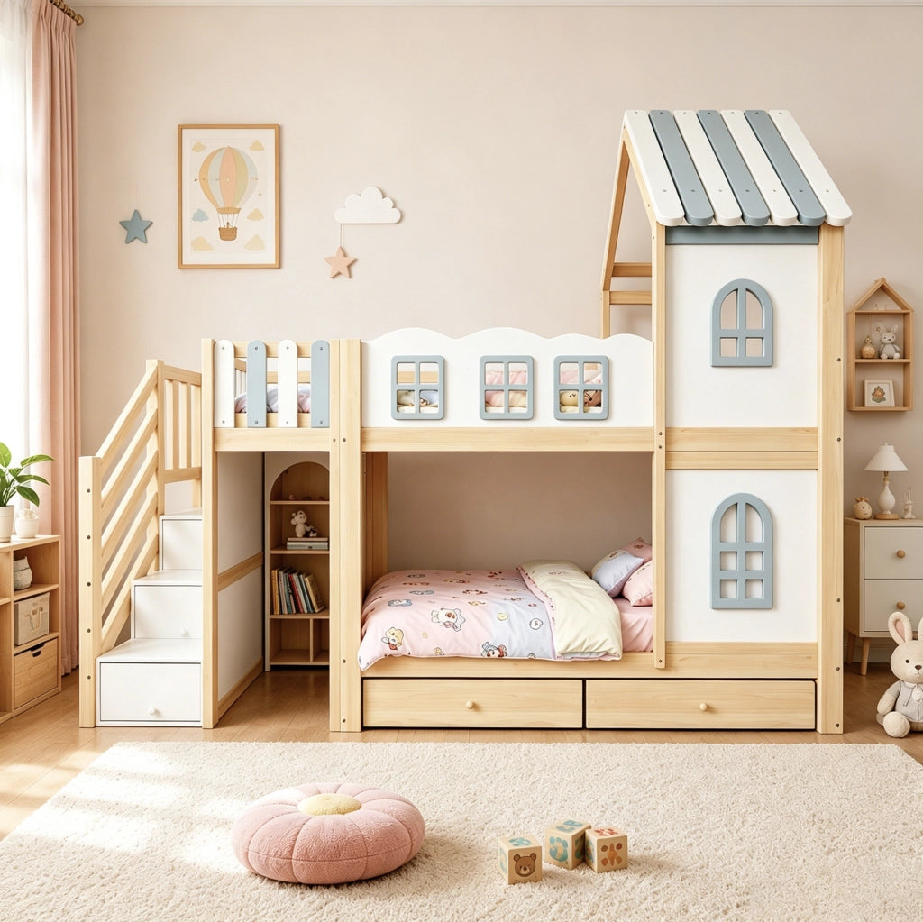 Letto a castello per bambini a casetta 90x200 cm con scala contenitore; bianco grigio legno naturale