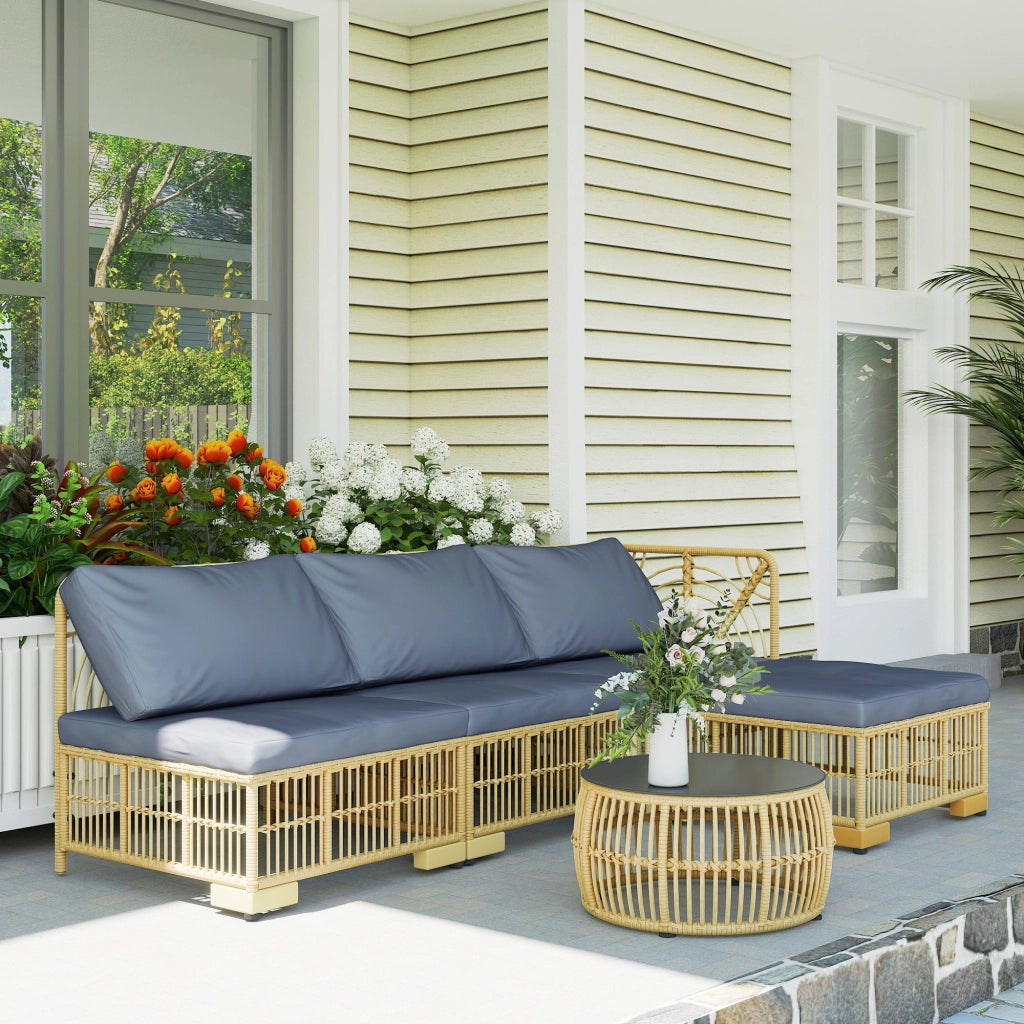Set Salotto in Rattan da Giardino con Divano Modulabile, Cuscini e Tavolino da Caff¨¨, Grigio