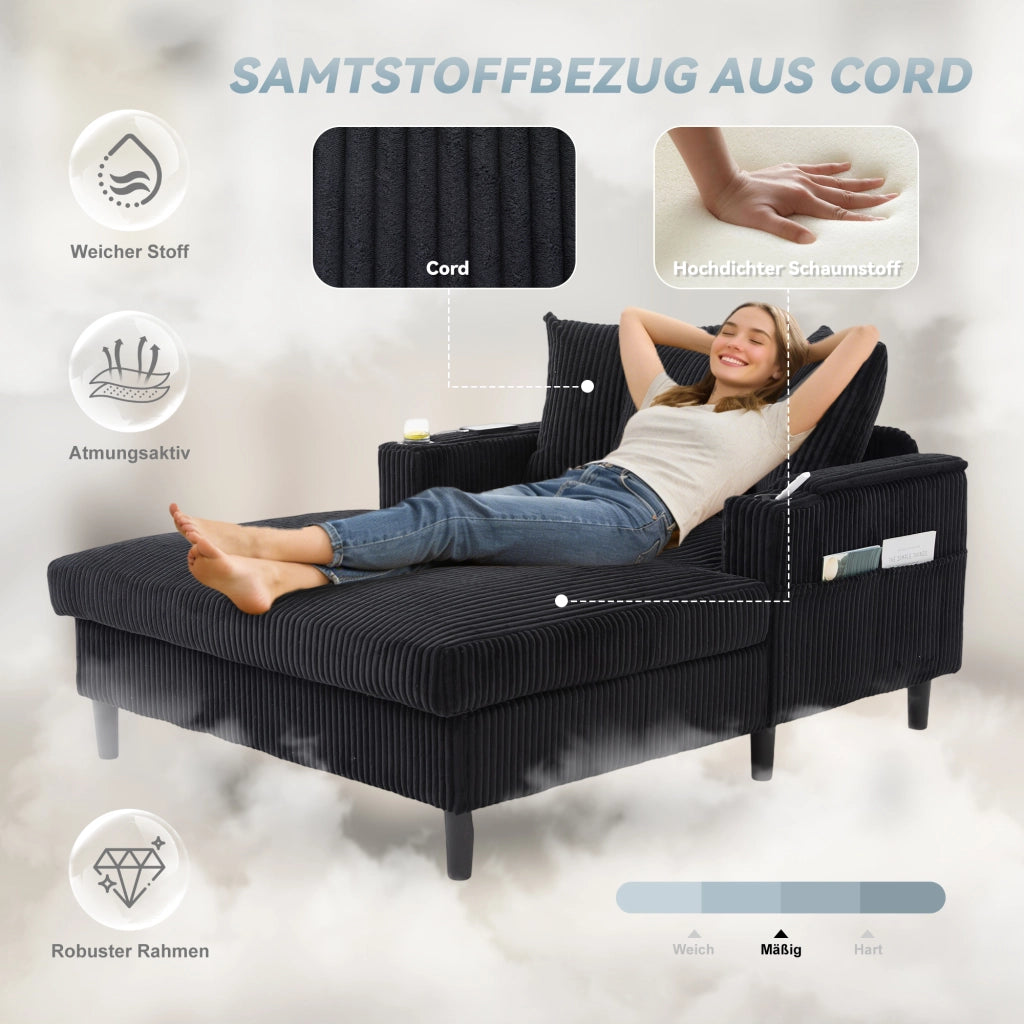 CHAISE LONGUE 129x170x70 cm in corduroy nero con LED e USB