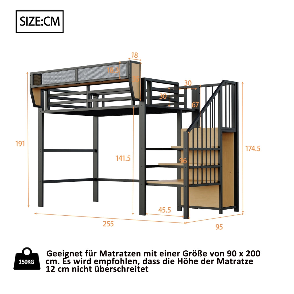 Letto a soppalco singolo 90×200 cm con scala di sicurezza e ripiano; senza materasso; metallo; nero