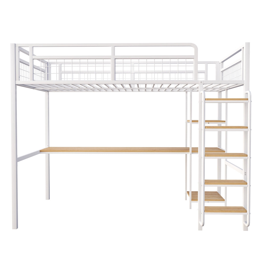 Letto a soppalco matrimoniale 140×200 cm con scala di sicurezza; tavolo e ripiani; senza materasso; metallo; bianco