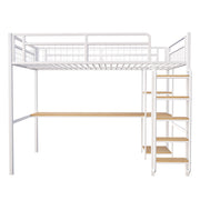 Letto a soppalco matrimoniale 140×200 cm con scala di sicurezza; tavolo e ripiani; senza materasso; metallo; bianco