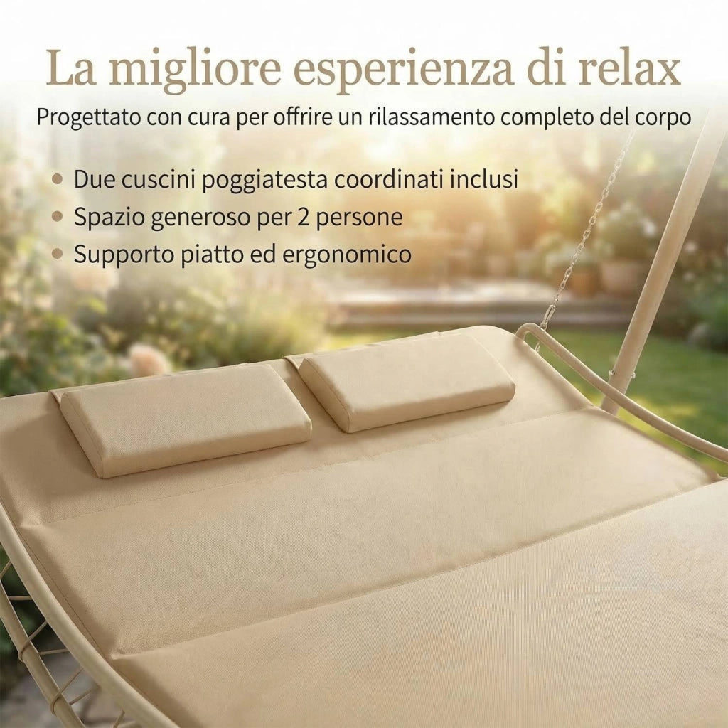 Dondolo Amaca Letto 2 Posti da Giardino con Tetto Parasole Struttura in Acciaio Seduta Imbottita in Textilene per Terraz