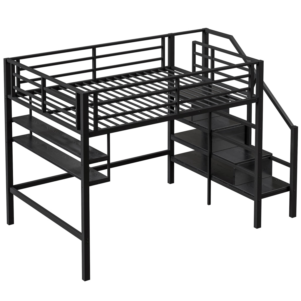 OKWISH Letto a Soppalco 140×200 cm, Letto Matrimoniale con Mensole, Scala con Contenitori e Sponda, senza Materasso, Metallo, Nero