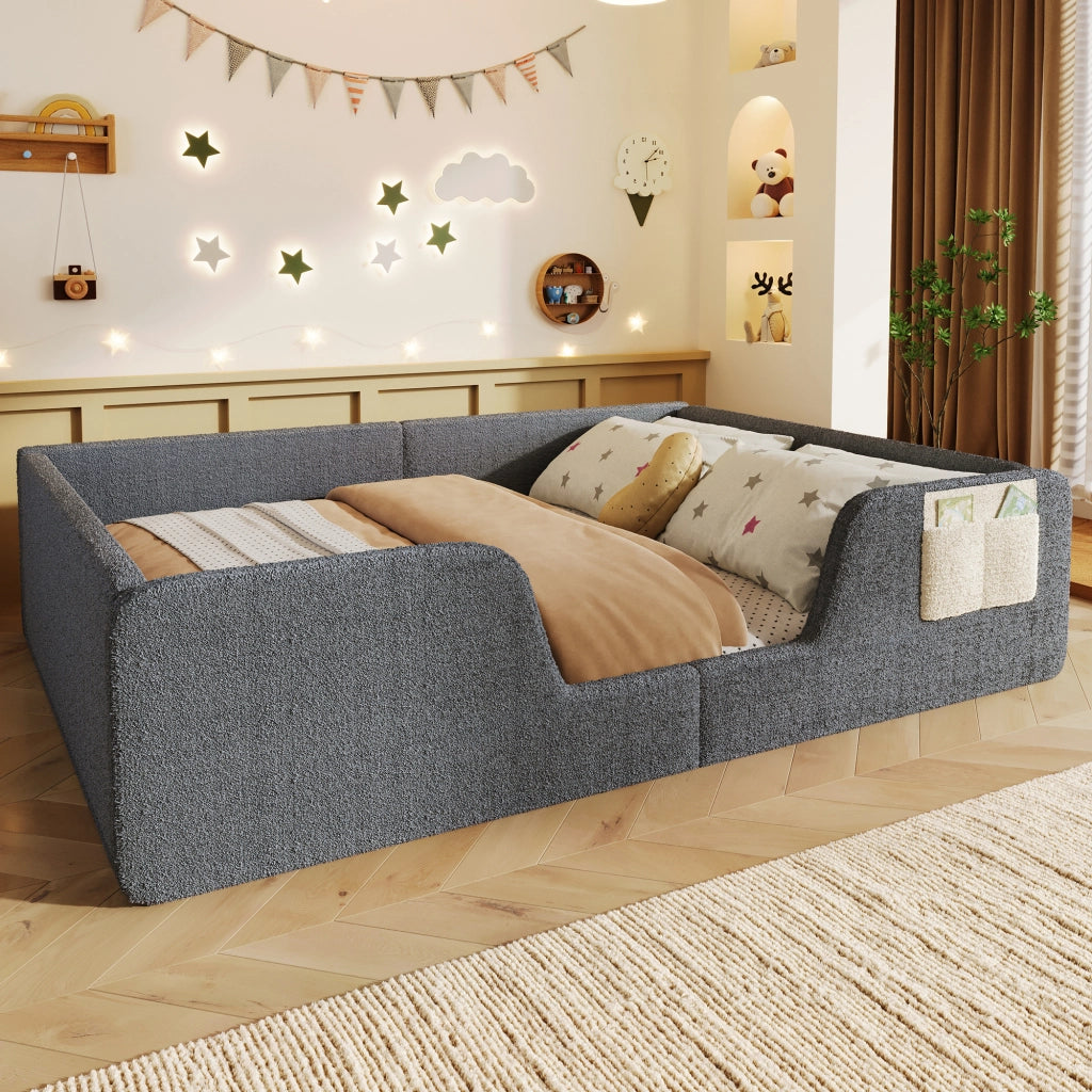 Letto imbottito con sponde rimovibili e tasca, 140x190 cm, grigio
