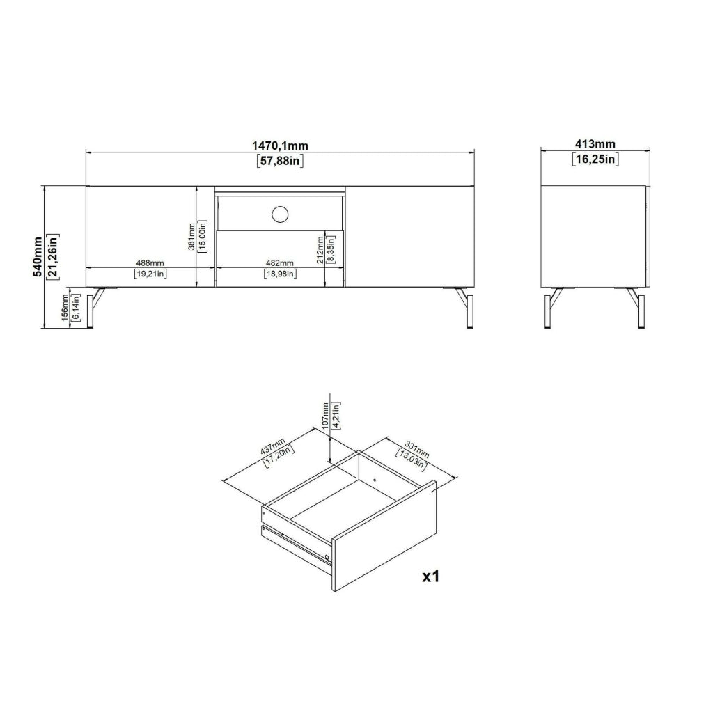 Mobile porta TV Duchi, Credenza da soggiorno, Armadio basso per TV, Base parete attrezzata, 147x41 h54 cm, Quercia e Nero