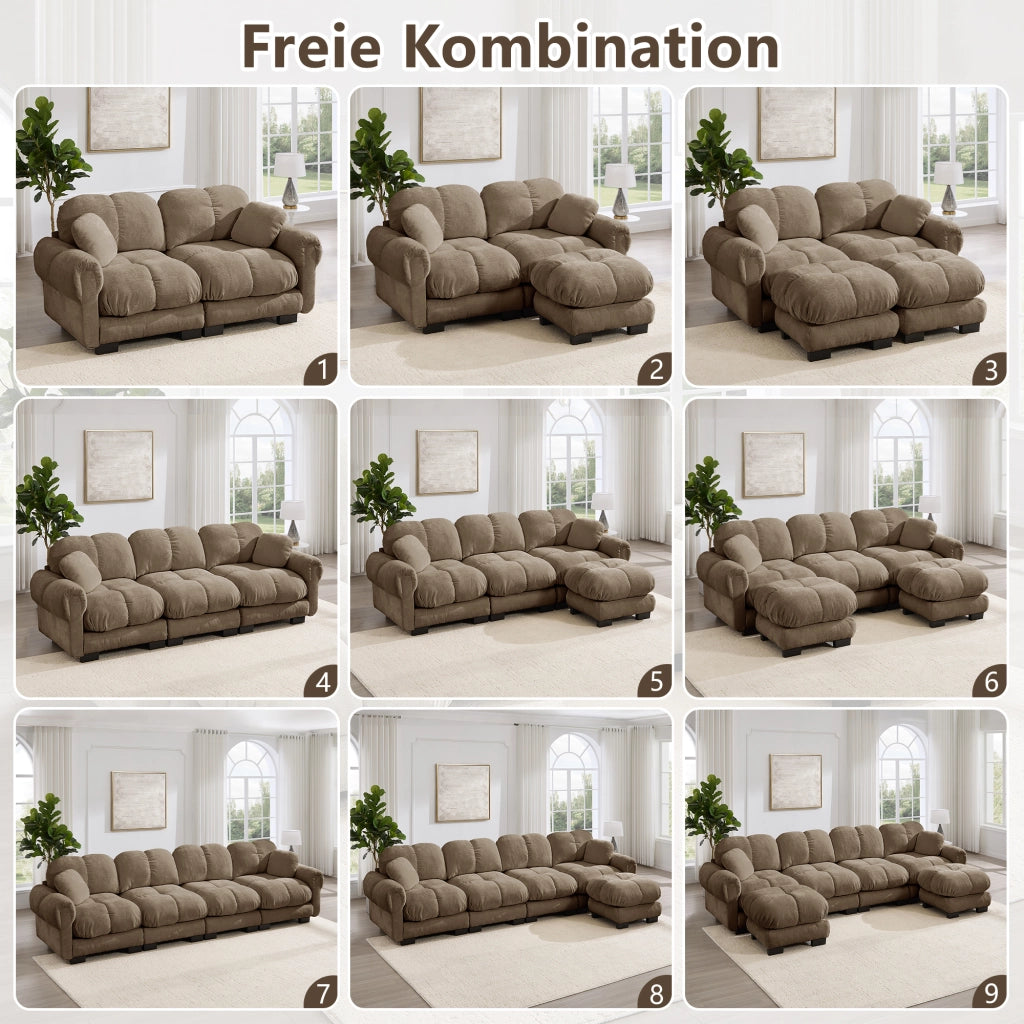 Divano modulare in chenille con seduta imbottita e schienale ergonomico e braccioli curvi marrone 330 × 86 × 90 cm