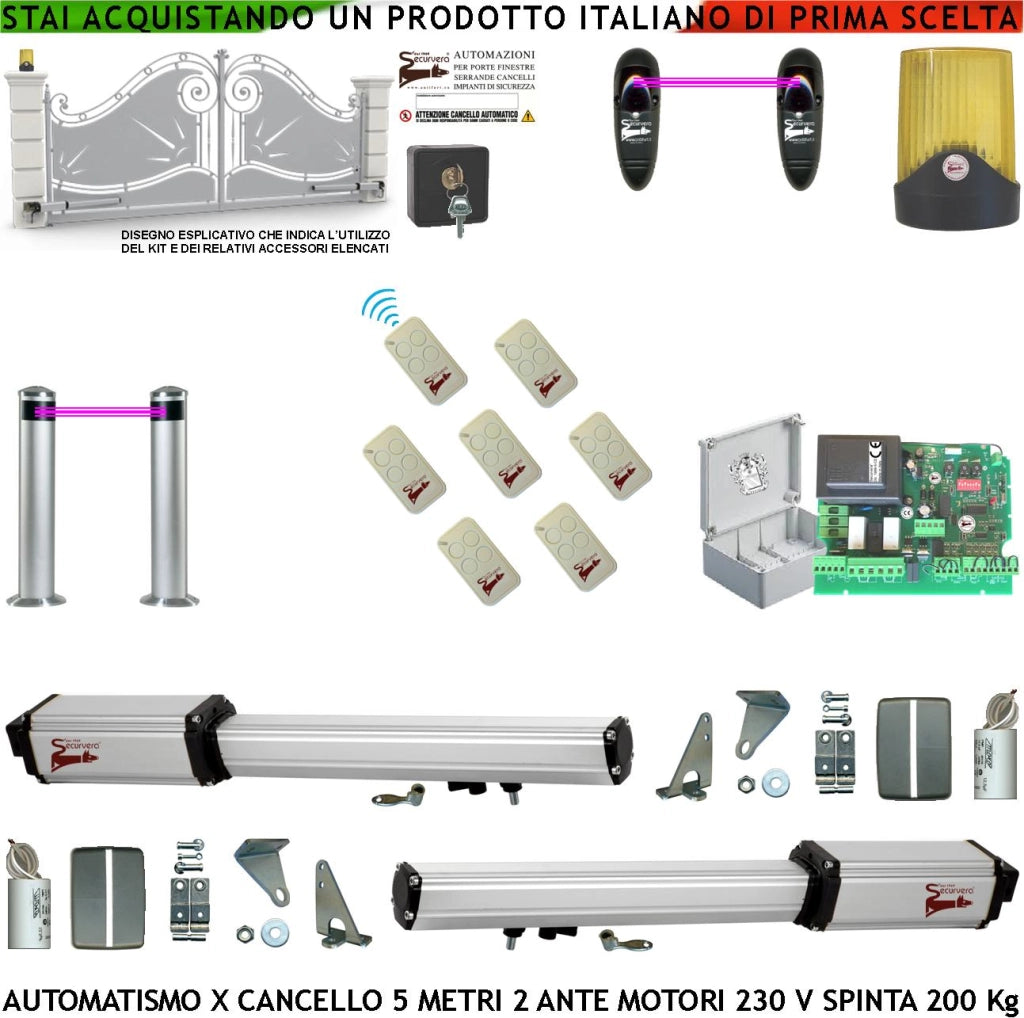 Automatismo Cancello 6 Metri 2 Ante Kit Motori Elettromeccanici 230 V Sblocco Corsa 50 Cm Spinta 2 Q.tali Centrale 2 Coppie di Fotocellule 2 Paline 7 Radiocomandi Faro Selettore 2 Ck Cartello Monitore