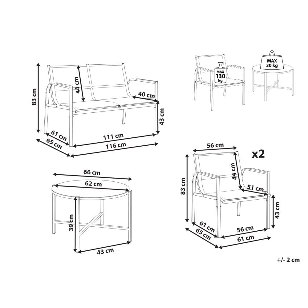Set da giardino beige in acciaio verniciato a polvere, 4 posti con poltrone e tavolino in vetro, set da conversazione da esterno dal design moderno