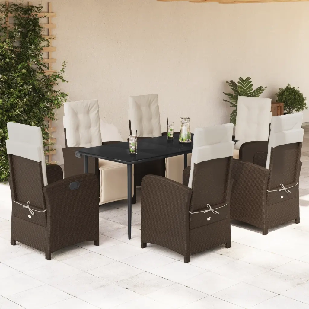 Set da Pranzo da Giardino 7pz con Cuscini in Polyrattan Marrone
