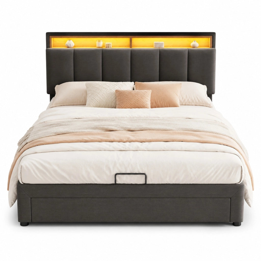 Letto imbottito 140x200 cm grigio con LED, rete a doghe, vano contenitore sottoletto e struttura in MDF