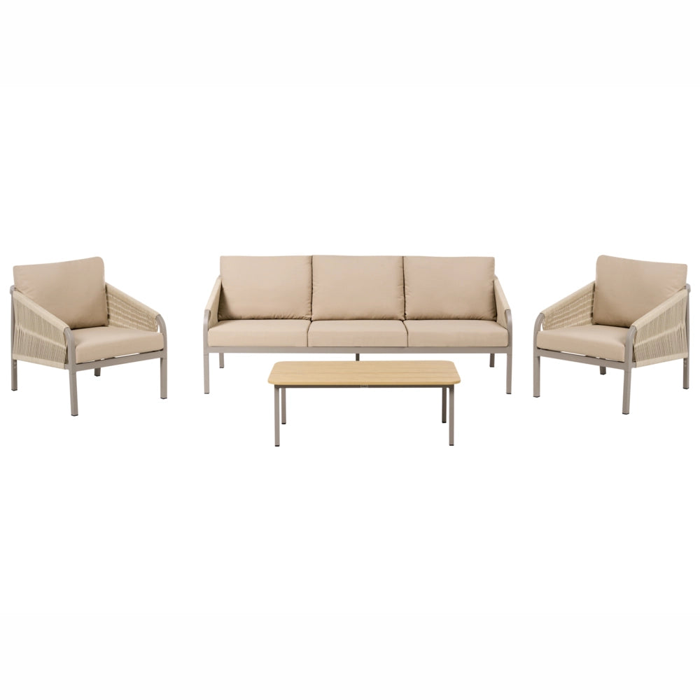 Set di divani da giardino a 5 posti Struttura in metallo beige Divano a 3 posti Poltrone con cuscini Stile moderno
