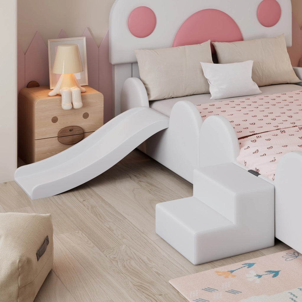 OKWISH Letto Bambini Singolo 90×200 cm con Scivolo, Scala a 2 Gradini e Tasca Portaoggetti, senza Materasso, in PU, Bianco e Rosa