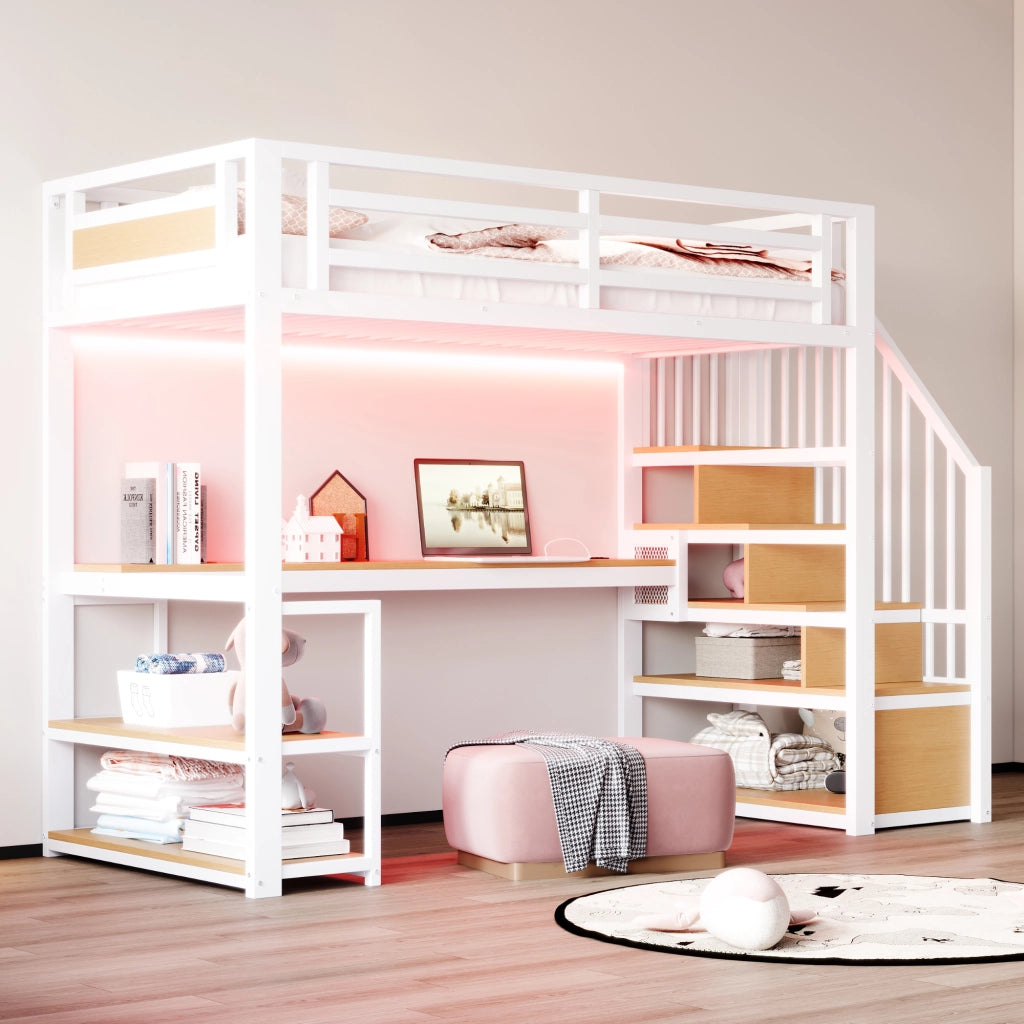 Letto a soppalco 90 × 200 cm con scala contenitore, ripiani, tavolo, barriera di sicurezza, senza materasso, bianco