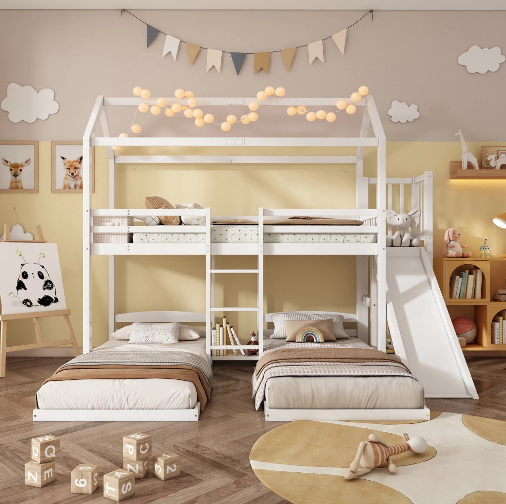 Letto a castello 90x200 cm con scivolo; tetto e 3 posti letto in legno e MDF bianco