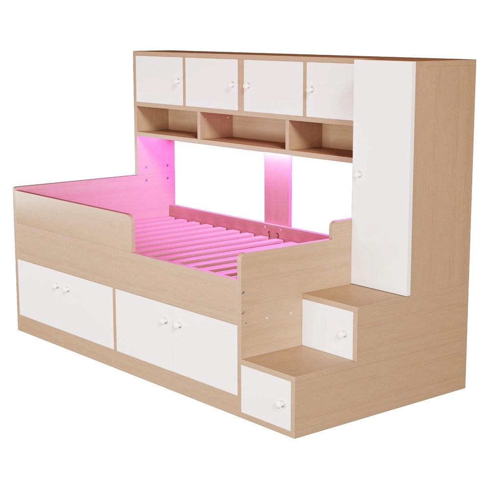 Letto Bambini in Legno con Soppalco, LED, Cassetti e Armadio ¨C Xylo ¨C 90x200