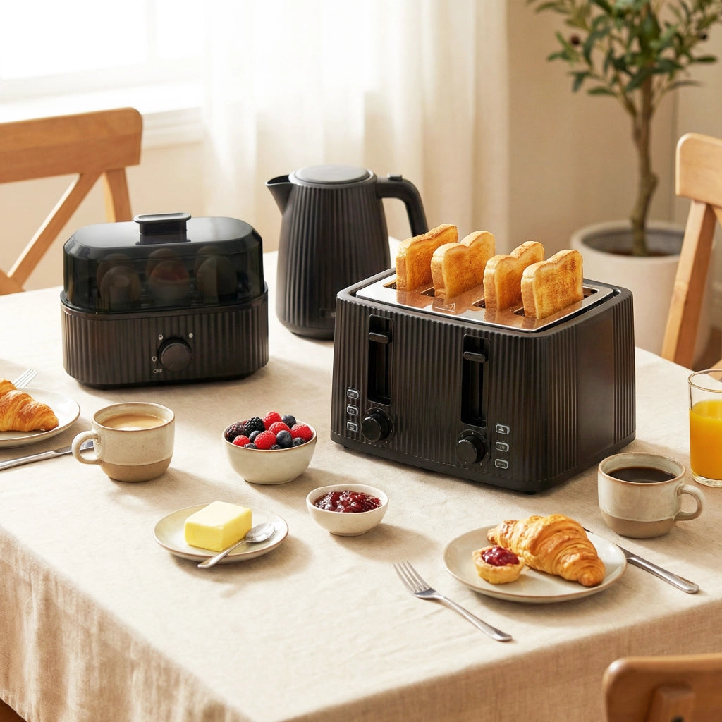 Set Colazione Elettrico - Xylo - Bollitore 1,7L + Tostapane 4 Fette + Cuociuova 6 Uova Nero