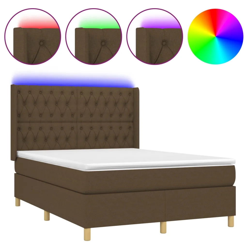 Letto a Molle Materasso e LED Marrone Scuro 140x200 cm Tessuto 3139120