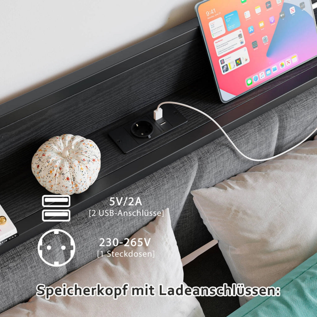 LETTO 140x200 cm in metallo e MDF nero con testiera contenitore e USB