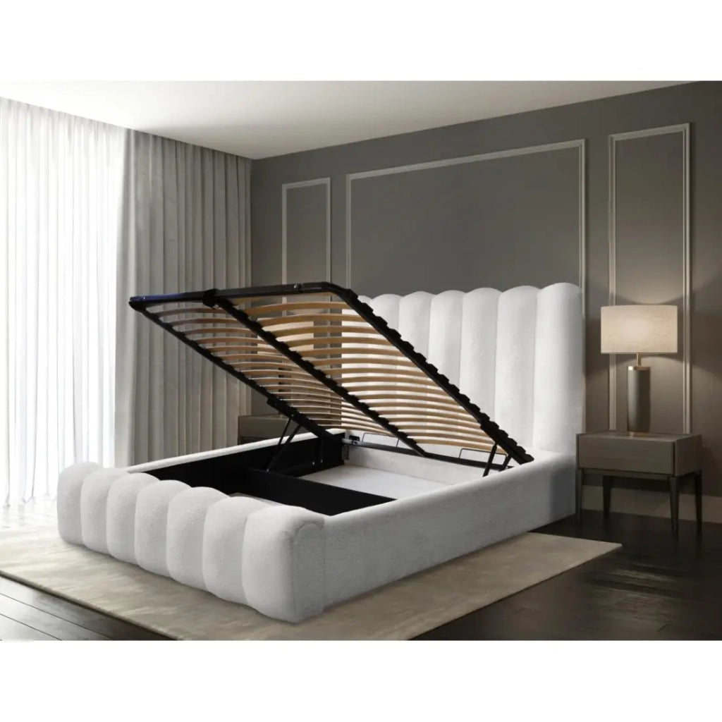 Letto contenitore BADJA – Tessuto bouclé Perla di lino – 180x200 cm – Rete sollevabile – Design di alta gamma