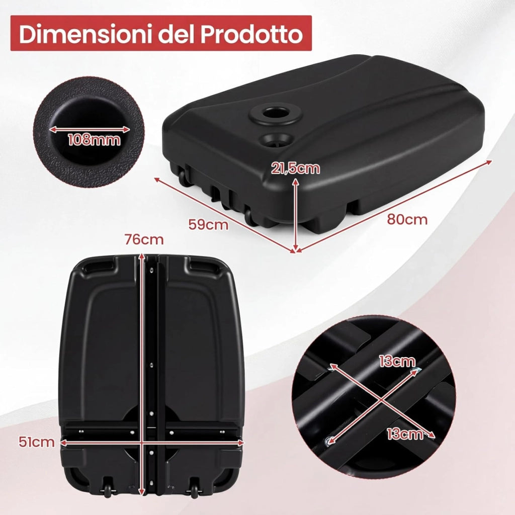 Base per Ombrellone da Patio a 102 kg/150 kg, in Plastica HDPE con Ruote, Supporto Quadrato per Ombrellone Riempibile con Acqua o Sabbia, per Esterno, Balcone, Spiaggia (150, Chilogrammi)